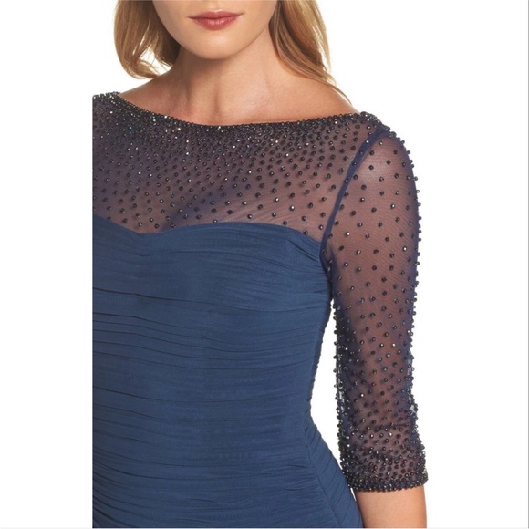 La Femme Navy Ruched Rhinestone Shoulder Gown - Picture 5 of 13